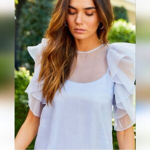 Amanda Uprichard XS Stefania Short Sleeve Baby Blue Silk Flutter Organza Blouse